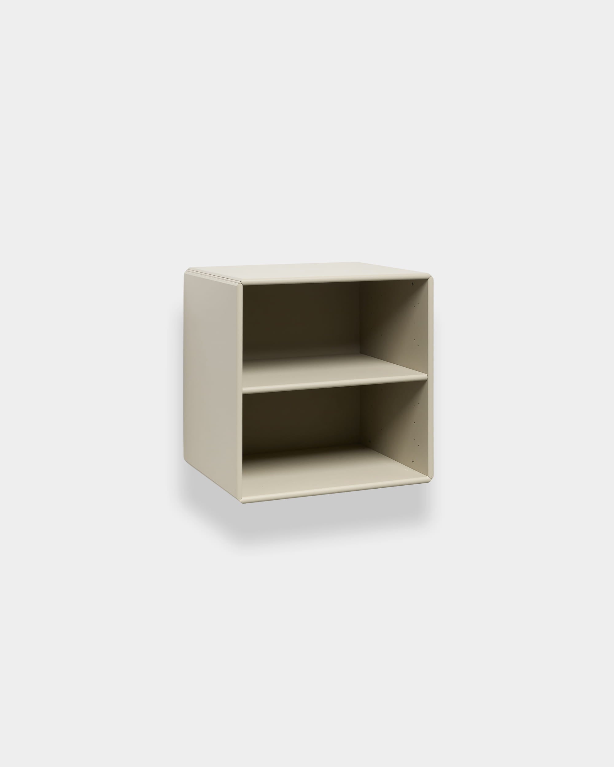 WoodUpp Arka modular bookcase in beige, two open compartments, wall-mounted on plain white background; fits Nordic interior or acoustic panel setups.